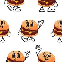 pattern of burger characters with fried patties and melted cheese with various funny faces, Kawaii-style anthropomorphic food vector