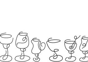 poster of various icons with glasses for various drinks drawn with several lines in line art style vector