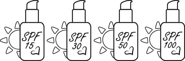 Set of spray sunscreen icons with different levels of sun protection, in line art style vector