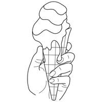 icon of melting ice cream in a waffle cup flowing down hands, in line art style vector