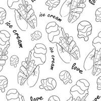 seamless pattern of icons of human hands holding various ice cream in a waffle cup, in line art style, for packaging or textile vector