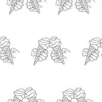 pattern with icons of human hands holding cones with melting ice cream in line art style, simple design vector