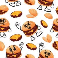 seamless pattern of burger characters with fried patties and melted cheese with various funny faces and different ingredients, Kawaii-style anthropomorphic food vector