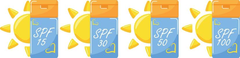 set of colored icons of sunscreen in a compact rectangular jar with different levels of sun protection vector
