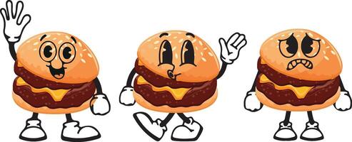 set of burger characters with fried patties and melted cheese with various funny faces, Kawaii-style anthropomorphic food vector