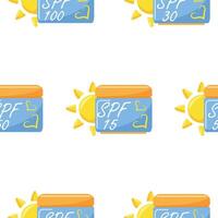 pattern with icons of compact rectangular jars of sunscreen with a sun on the side, for summer designs vector