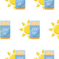 pattern with icons of a sunscreen stick in the shape of a deodorant for sun protection and a sun on the side, for summer designs vector