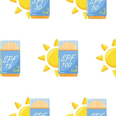 pattern with icons of a sunscreen stick in the shape of a deodorant for sun protection and a sun on the side, for summer designs
