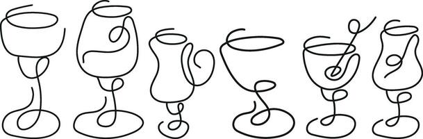 set of various icons with glasses for various drinks drawn with several lines in line art style vector