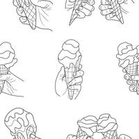 pattern of icons of human hands holding various ice cream in a waffle cup, in line art style vector