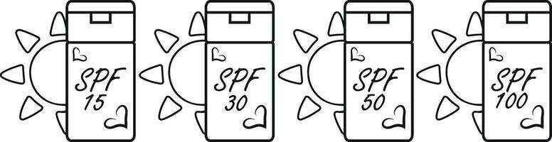 set of icons of sunscreen in a compact rectangular jar with different levels of sun protection, in line art style vector