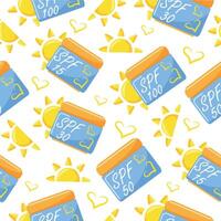 seamless pattern with icons of compact rectangular jars with sunscreen and a sun on the side, for summer designs vector