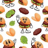 seamless pattern of burger characters with fried patties and pickled onions with various funny faces, Kawaii-style vector