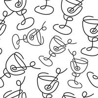 seamless pattern with a figured martini glass with an olive inside drawn with several lines in line art style arranged randomly vector