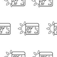 pattern with icons of compact rectangular jars with sunscreen and a sun on the side in line art style, for summer designs vector