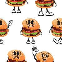 pattern of burger characters with vegetables, bacon and meat with various funny faces, Kawaii-style anthropomorphic food vector