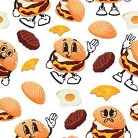 seamless pattern of burger characters with fried patties and melted cheese, egg with various funny faces, Kawaii-style anthropomorphic food vector