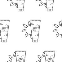 pattern with icons of a classic vertical tube of sunscreen with a sun on the side in line art style, for summer designs vector