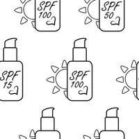 Pattern of spray sunscreen icons with different levels of sun protection, in line art style vector
