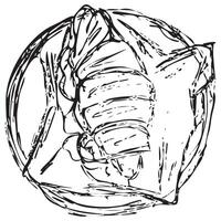 icon of a croissant with filling lying on a round plate, sketch with chaotic strokes vector