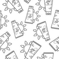 seamless pattern with icons of a classic vertical tube of sunscreen with a sun on the side in line art style, for summer designs vector