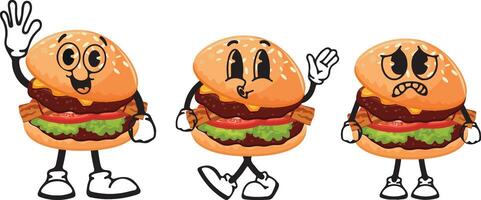 set of burger characters with vegetables, bacon and meat with various funny faces, Kawaii-style anthropomorphic food vector