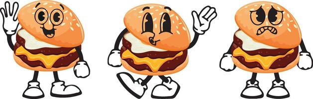 set of burger characters with fried patties and melted cheese, egg with various funny faces, Kawaii-style anthropomorphic food vector