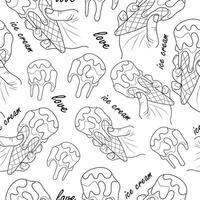 seamless pattern with an icon of a ball of melting ice cream in a waffle cone held in a hand in line art style, for packaging or textile vector