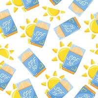 seamless pattern with icons of sunscreen stick in the shape of a deodorant for sun protection and a sun on the side, for summer designs vector