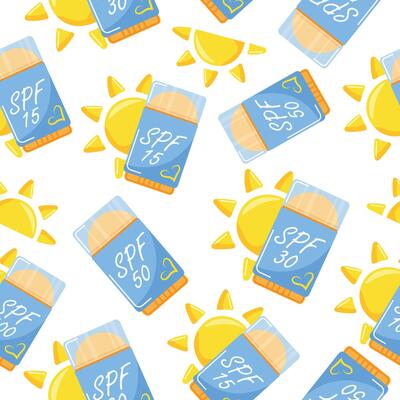 seamless pattern with icons of sunscreen stick in the shape of a deodorant for sun protection and a sun on the side, for summer designs