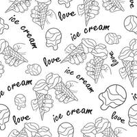seamless pattern with icons of human hands holding cones with melting ice cream, ice cream scoops and text in line art style vector