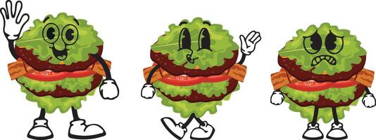 set of burger characters with fried patties, bacon and lettuce instead of a bun with various funny faces, Kawaii-style anthropomorphic food vector