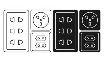 Collection of Electrical Sockets with Various Types Flat Black and Outline Style. Power Connection Outlet Icons. vector