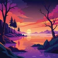 a sunset scene with trees and water vector