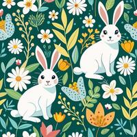 seamless pattern with white rabbits and flowers vector