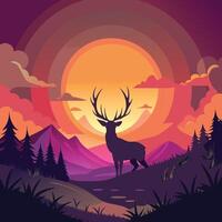 a deer stands in front of a sunset with mountains in the background vector