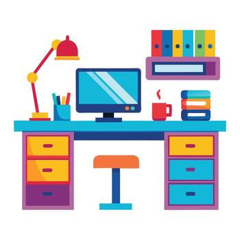 office desk with computer, lamp, and books vector