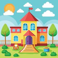 illustration of a school building with a playground and stairs vector