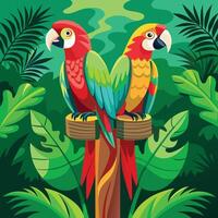 two parrots sitting on a tree branch in the jungle vector