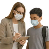 Educational interaction between teacher and student in a classroom setting with transparent background png
