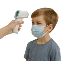 Child getting temperature check with infrared thermometer healthcare setting transparent background close-up view png