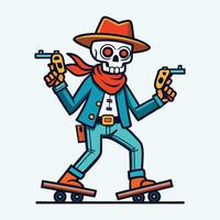 a skeleton with guns on a skateboard vector
