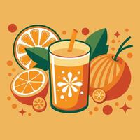 orange juice with a straw and oranges on a yellow background vector
