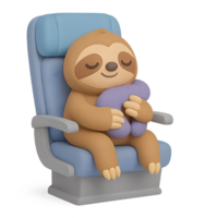 3d render of a sloth in an airplane seat transparent background cute character design animated style relaxation concept png