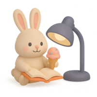 Cute 3d render of a bunny reading under a lamp transparent background playful environment whimsical concept png