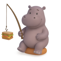 Fishing hippo character 3d render with transparent background fun animation playful environment whimsical viewpoint png