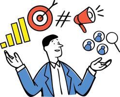 A flat style man with graphs, hashtags, megaphone, and audience insights planning marketing strategy. vector