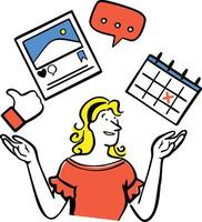 A flat style woman surrounded by icons of social media posts, like buttons, comments, and a calendar for scheduling strategy. vector