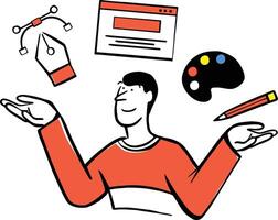 A flat style illustration of a smiling man presenting creative design tools such as a stylus, color palette, pen, and UI elements. vector