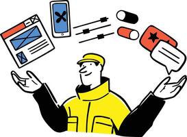 A flat style man surrounded by UX wireframes, sliders, toggles, and mobile screen designs. vector